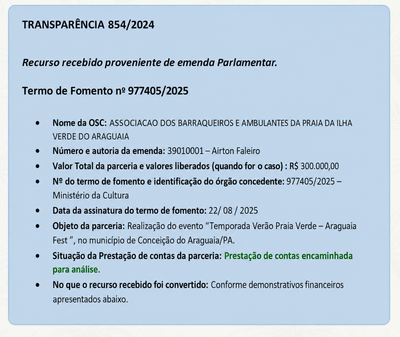 Primeira página do documento de transparência